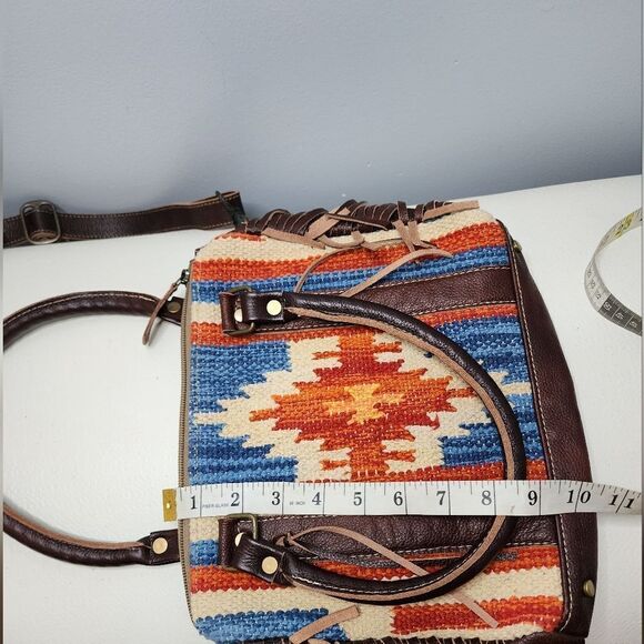 Myra Leather Crossbody Bag Shoulder Bag Tapestry Front Leather Back Purse Fringe - Picture 4 of 8